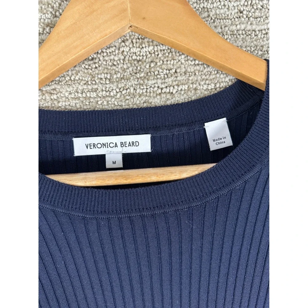 Veronica Beard Navy Blue Ribbed Knit Long Sleeve Crew Neck Top Size M 2411KS1490